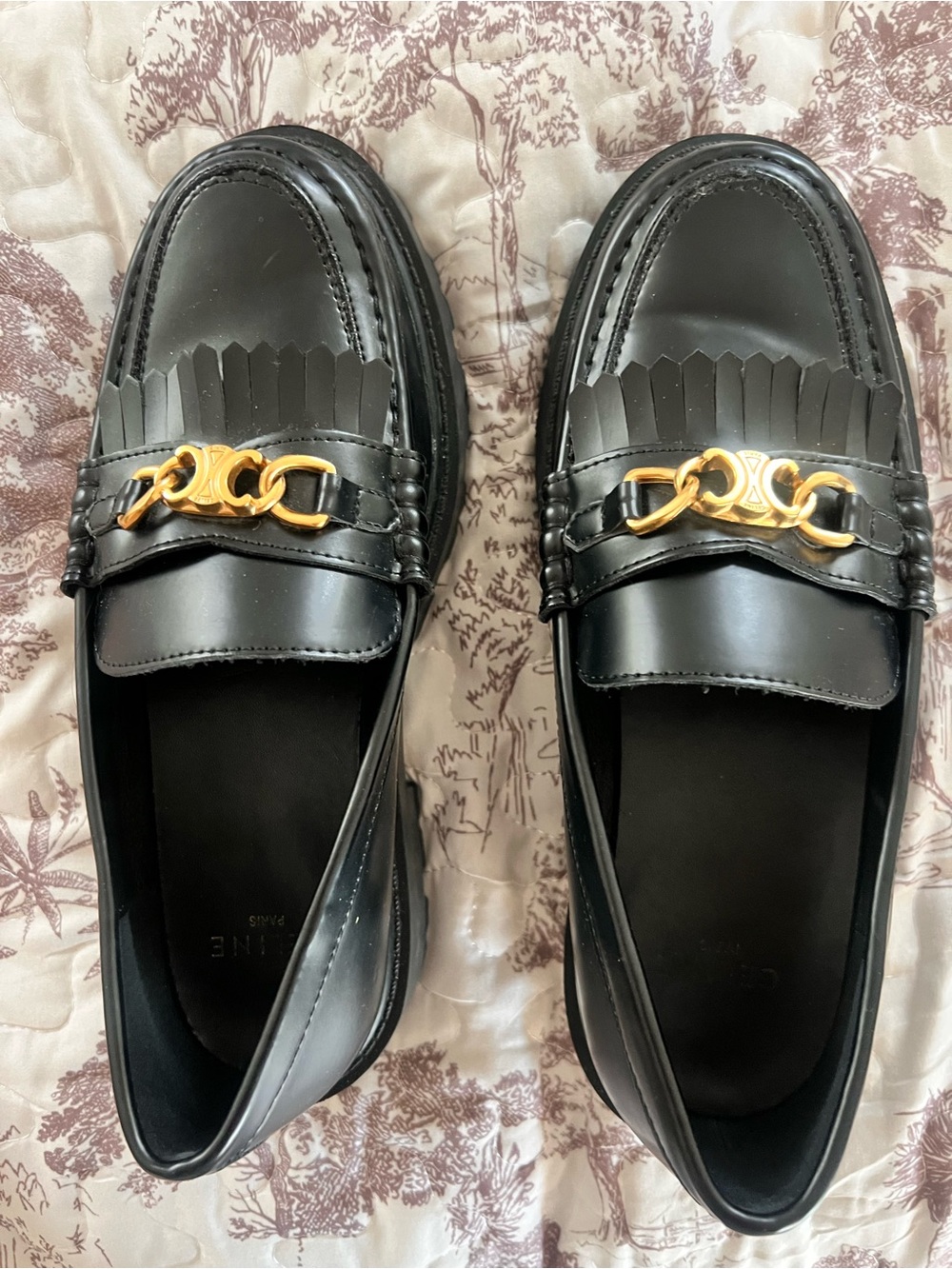 Black Leather Loafers with Gold Chain Accent